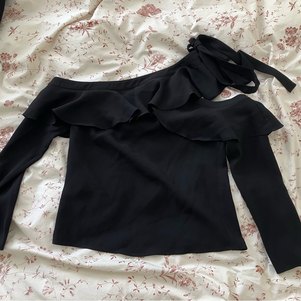BCBG asymmetrical one shoulder top with tie neck, size XS